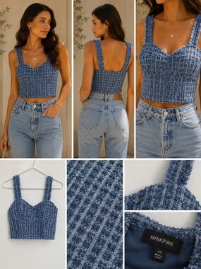 Blue Textured Crop Bustier Top with Wide Straps